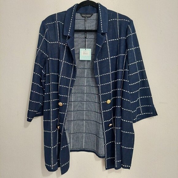 Ming Wang Heritage Fit Blue Dashed Windowpane Open Knit Jacket Gold Buttons 1X - Picture 7 of 7